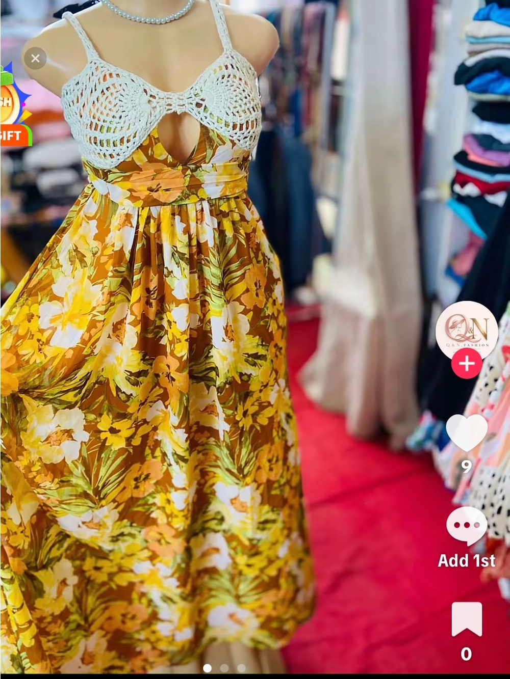Floral Yellow Maxi Dress with padded crochet upper
